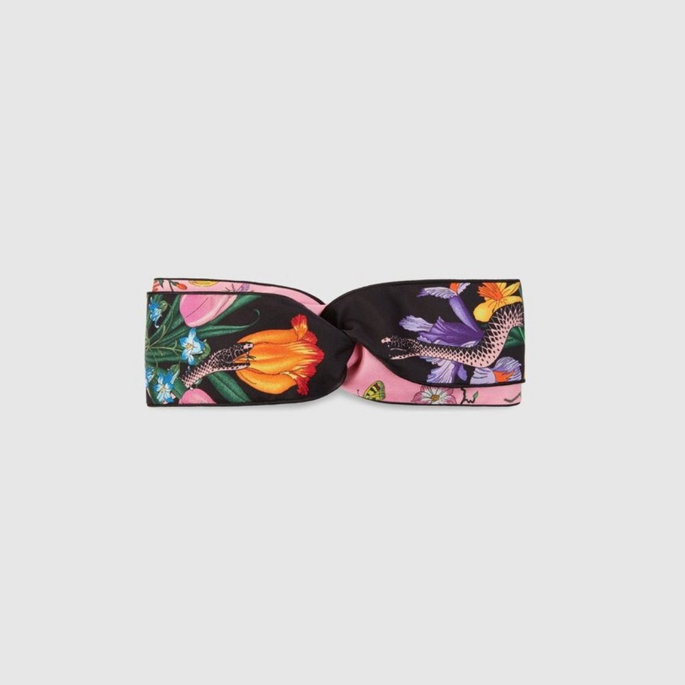 GUCCI Flora Snake-Print Silk Headband